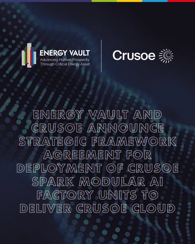 Energy Vault与Crusoe宣布达成战略框架协议，部署Crusoe Spark模块化AI工厂机组以交付Crusoe Cloud云服务